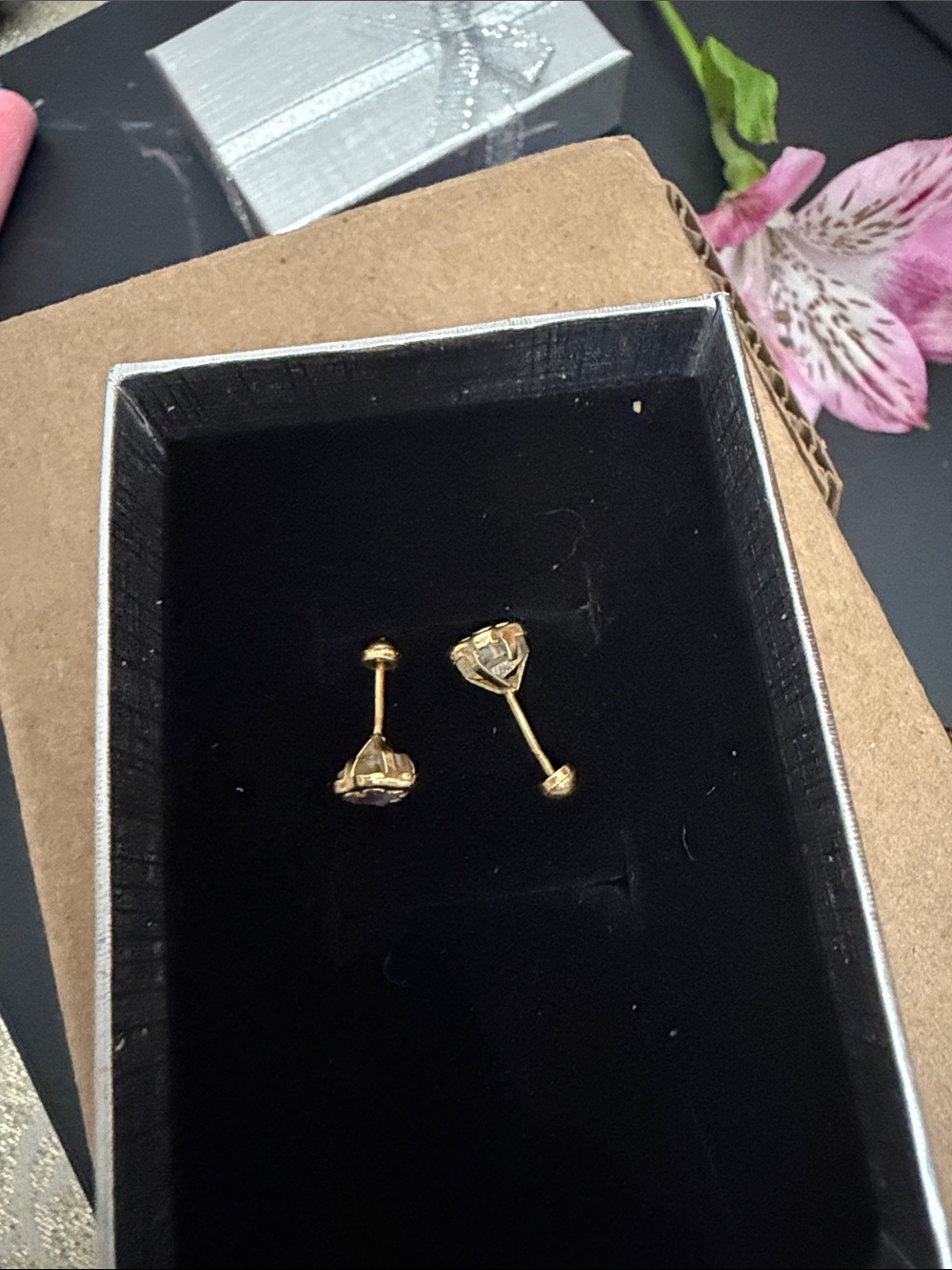 14k Gold Barbell Earrings with Clear Gem Accent - girl Jewelry